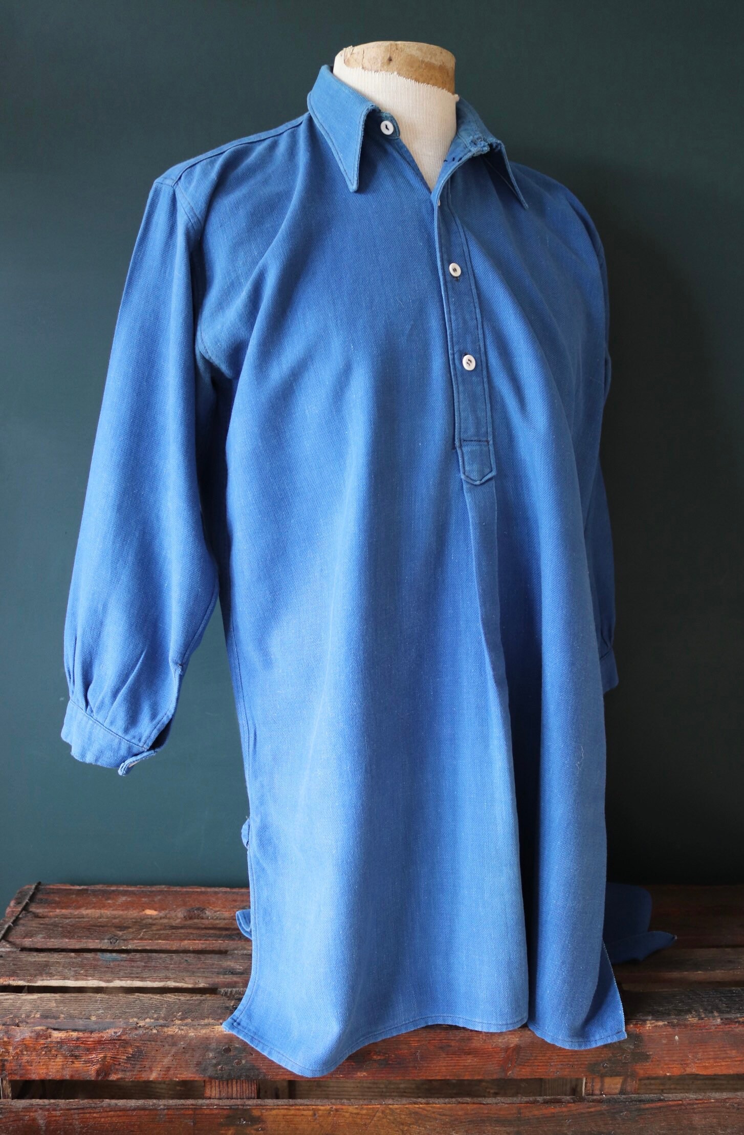 Vintage 1940s 40s 1950s 50s French royal indigo blue cotton work shirt ...