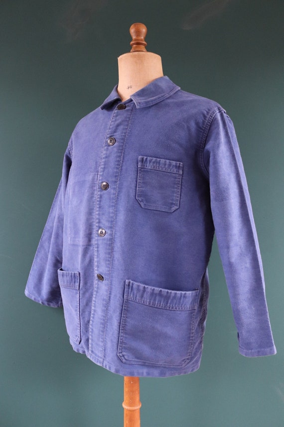 Vintage French Dumont D’Urville blue moleskin work jacket workwear chore faded 47” chest bleu de travail