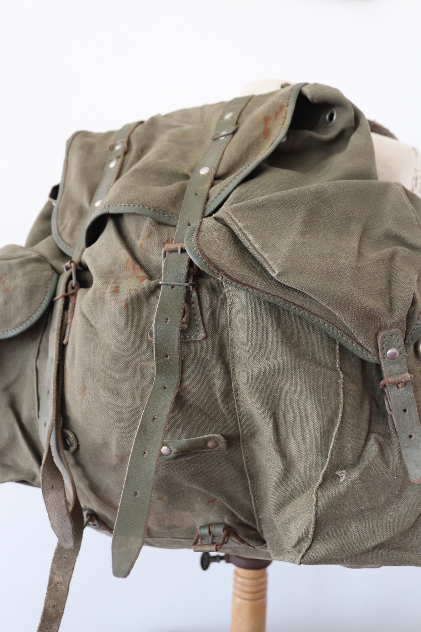 Vintage 1960s 60s French army military canvas leather metal frame