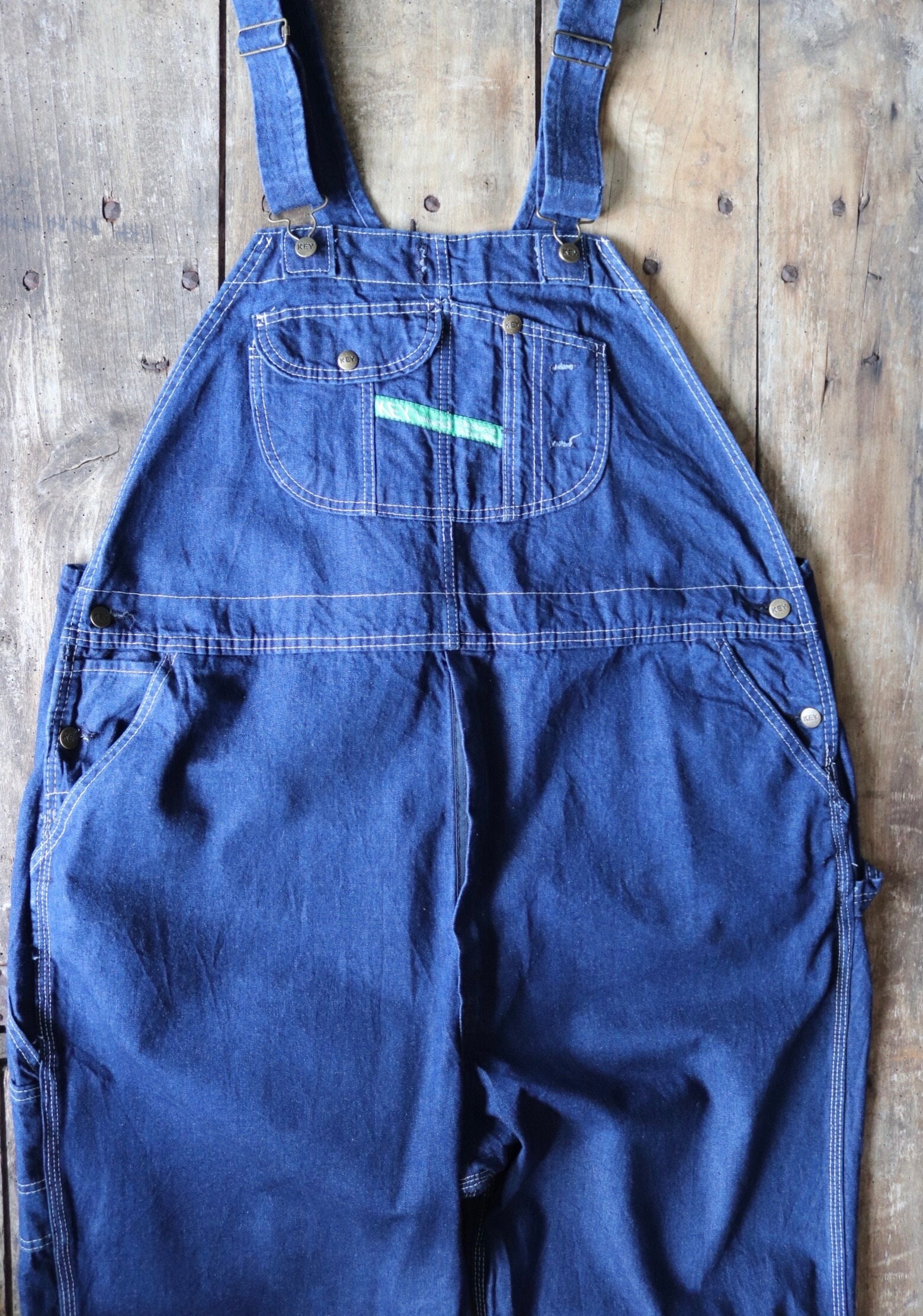 Denim Key Pants With Vintage Embroidered Patches, Size 34