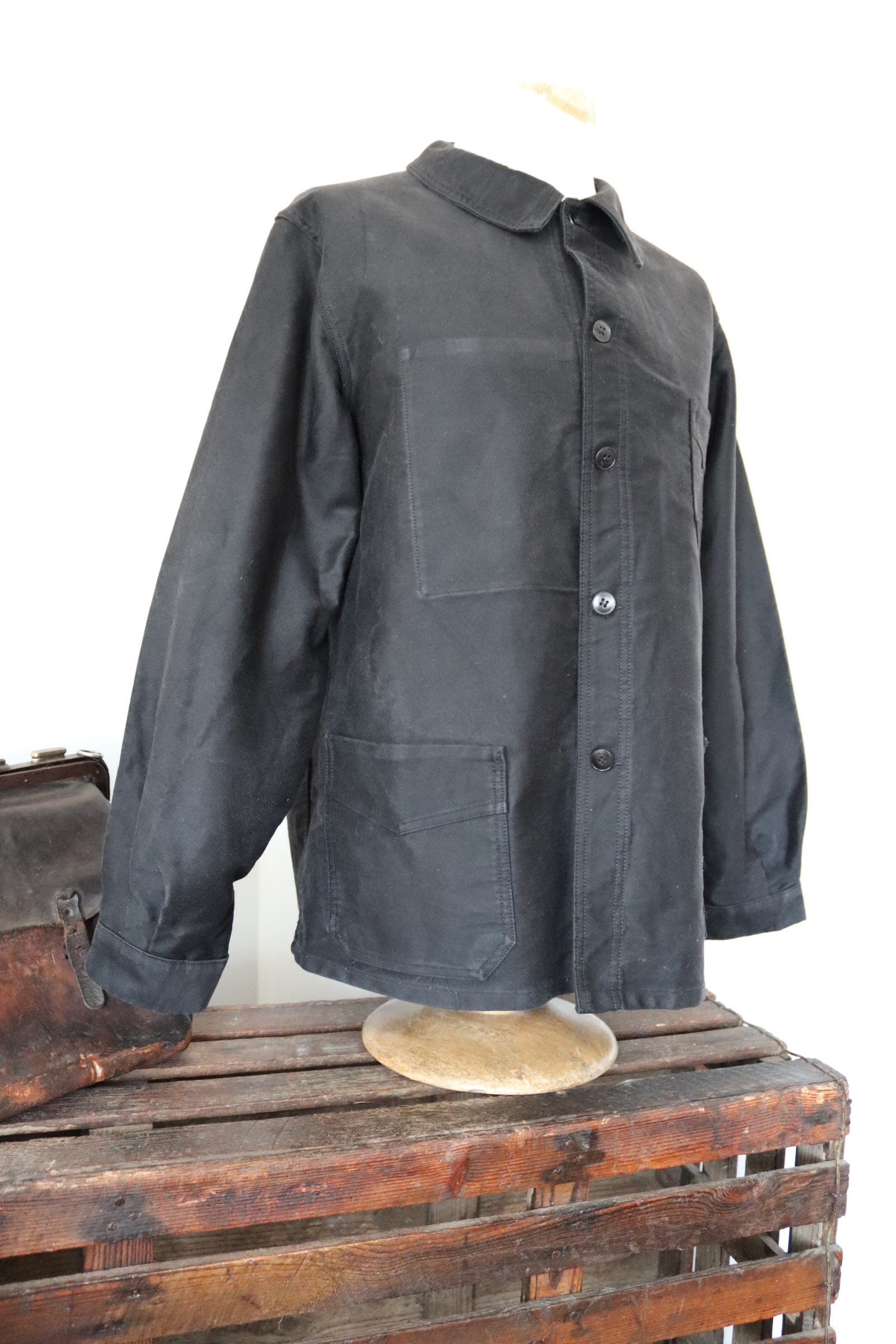 Vintage 1960s 60s french black moleskin chore work jacket workwear 47 chest