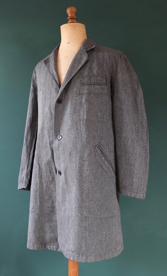 Vintage 1950s 50s 1960s 60s French salt pepper grey belted work long coat jacket overall workwear factory machinist 49” chest selvedge