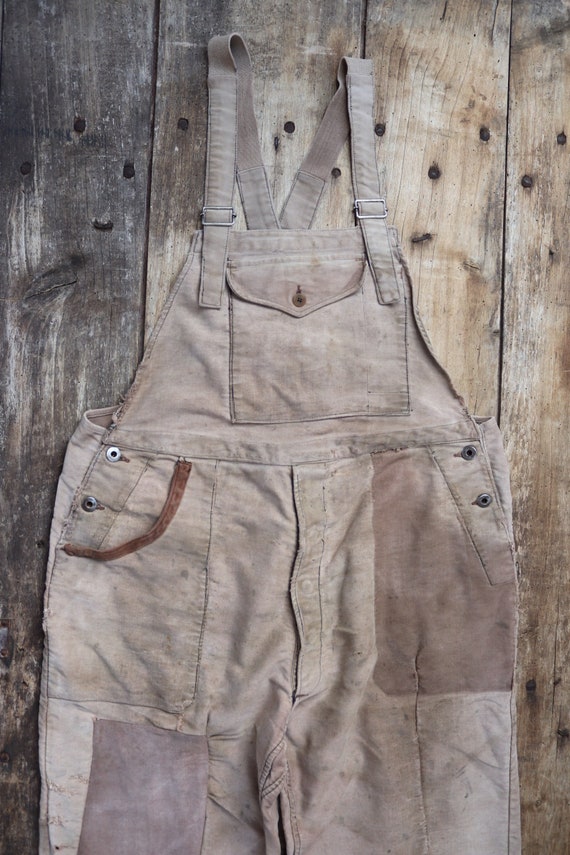 Vintage 1950s 50s French Le Mont St Michel brown moleskin overalls dungarees work chore workwear patched repaired darned 40” 41” 42” x 28”