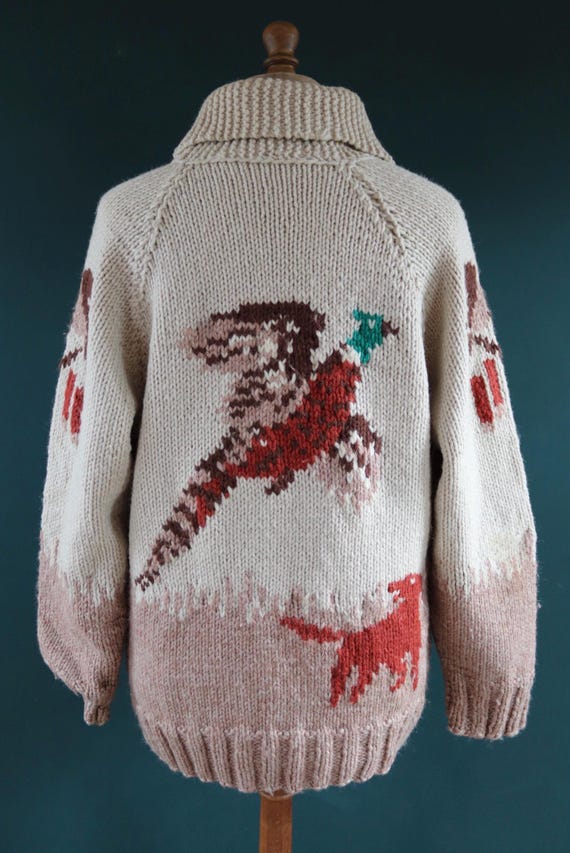 Vintage 1960s 60s Hand Knitted Cream Brown Red Thick Wool Cowichan 