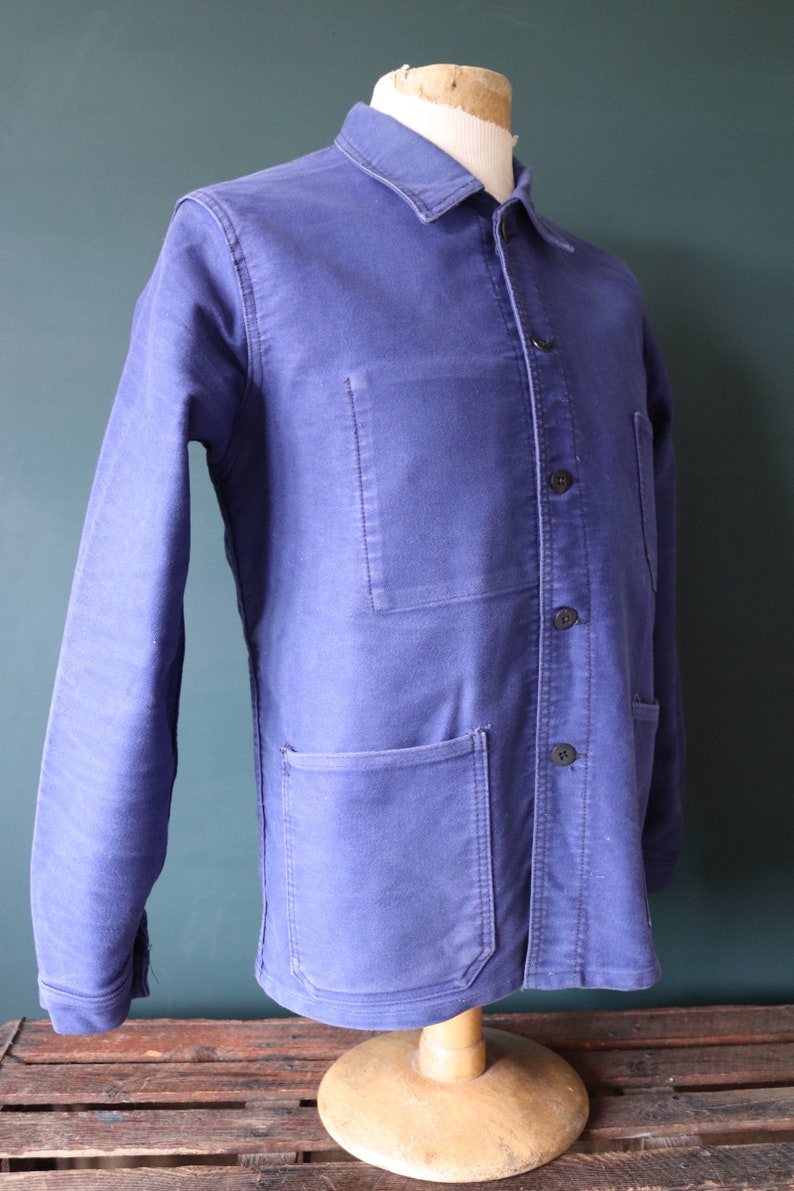 Vintage 1960s 60s French blue moleskin work jacket workwear chore faded 41 chest bleu de travail image 7