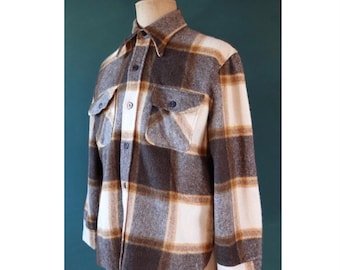 Vintage 1970s workwear shirt - cream brown plaid wool - 48" chest