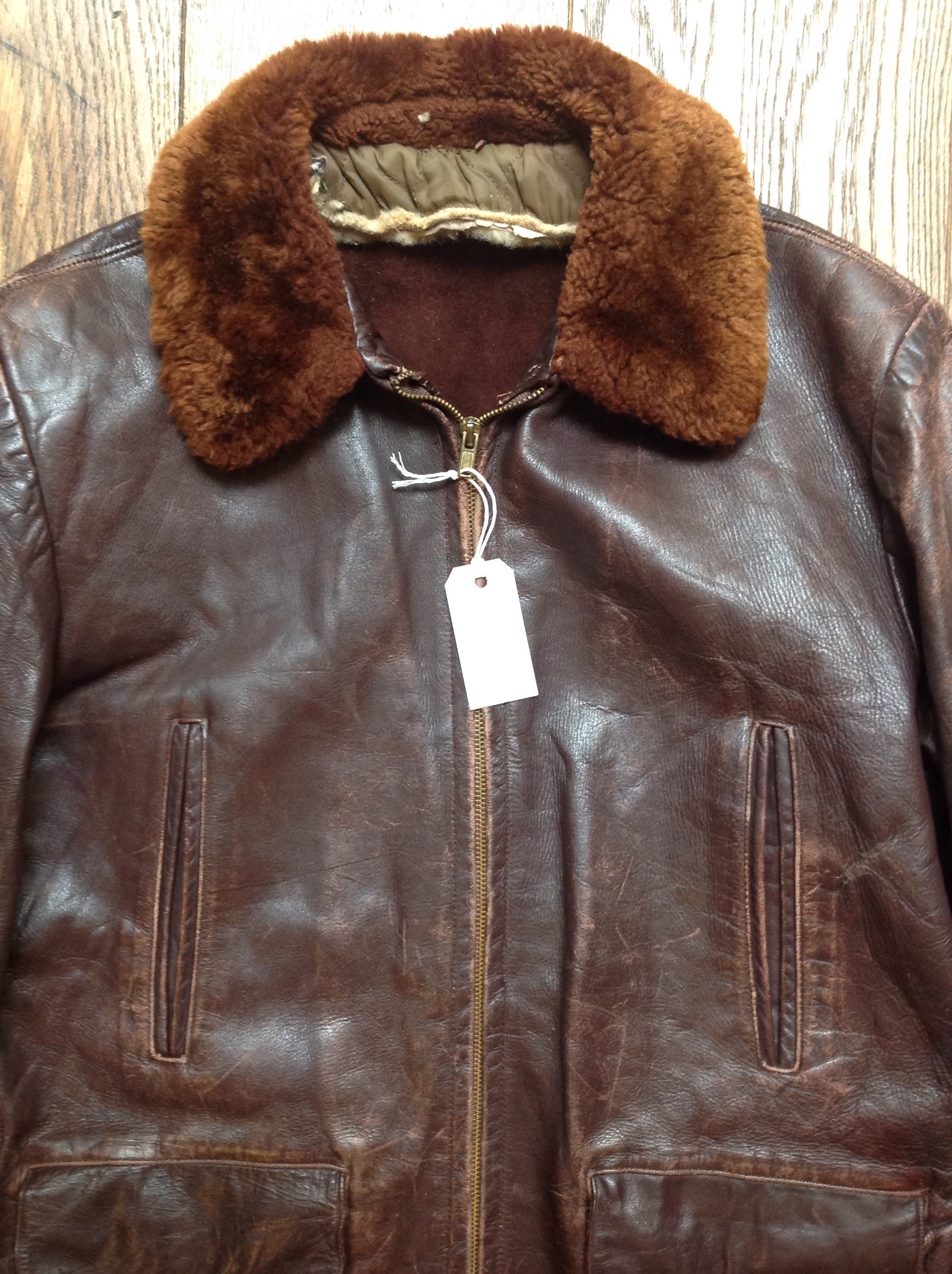 Vintage 1950s 50s brown leather car coat jacket mouton collar half belt ...