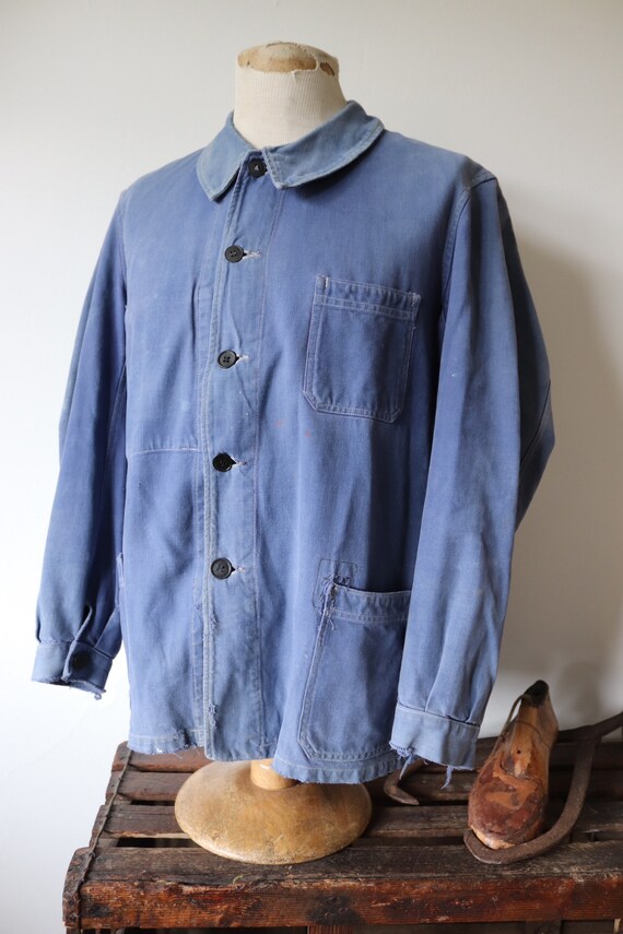 Vintage 1940s 40s 1950s 50s French Indigo Blue Cotton Twill Chore 