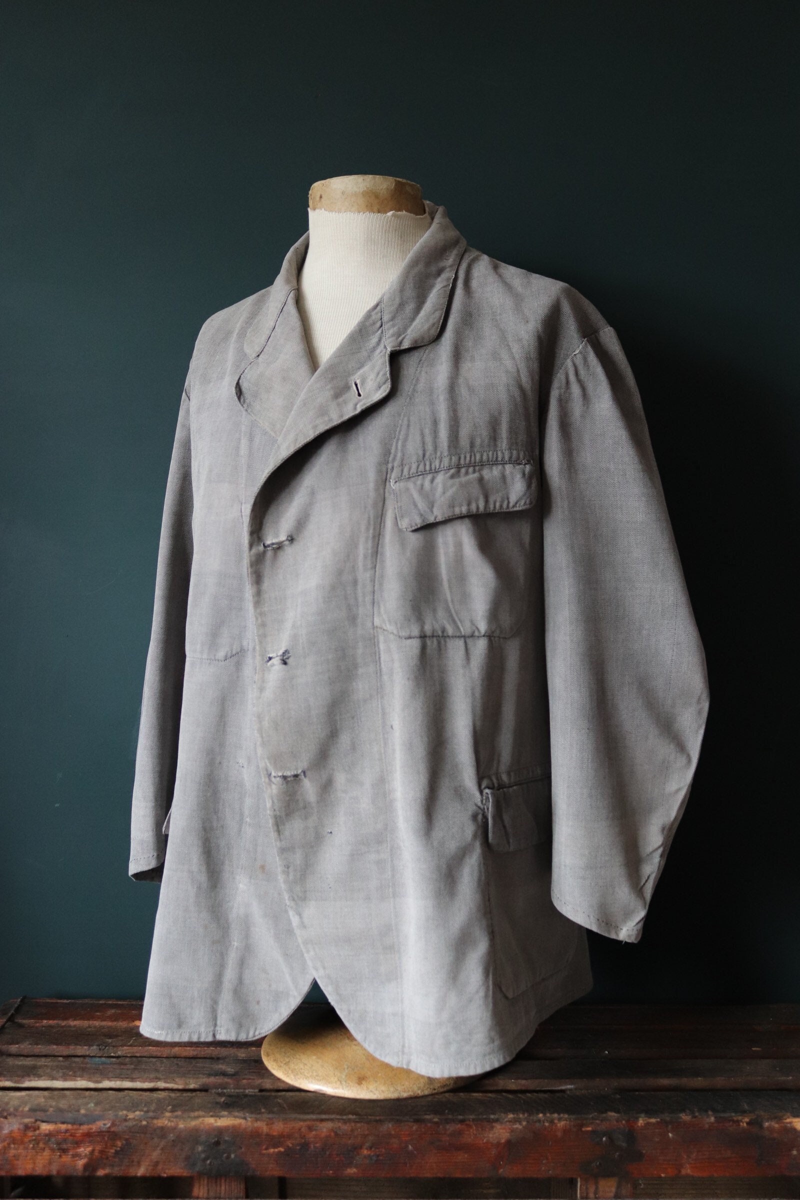 Vintage 1920s 20s French grey sack work jacket loom chatter 