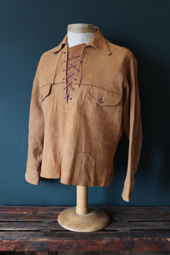 Vintage 1950s 50s 1960s 60s brown buckskin suede lace up shirt western cowboy 42” chest Sport Togs Rodeo