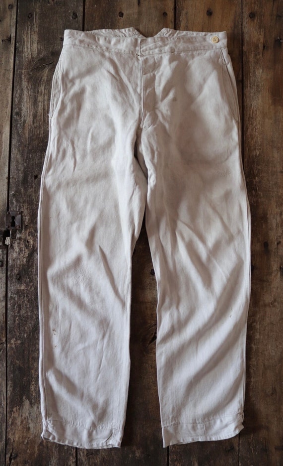 Vintage 1920s 20s 1930s 30s French white cotton trousers pants 35” x 32” riviera beach fishtail v notch buckle back