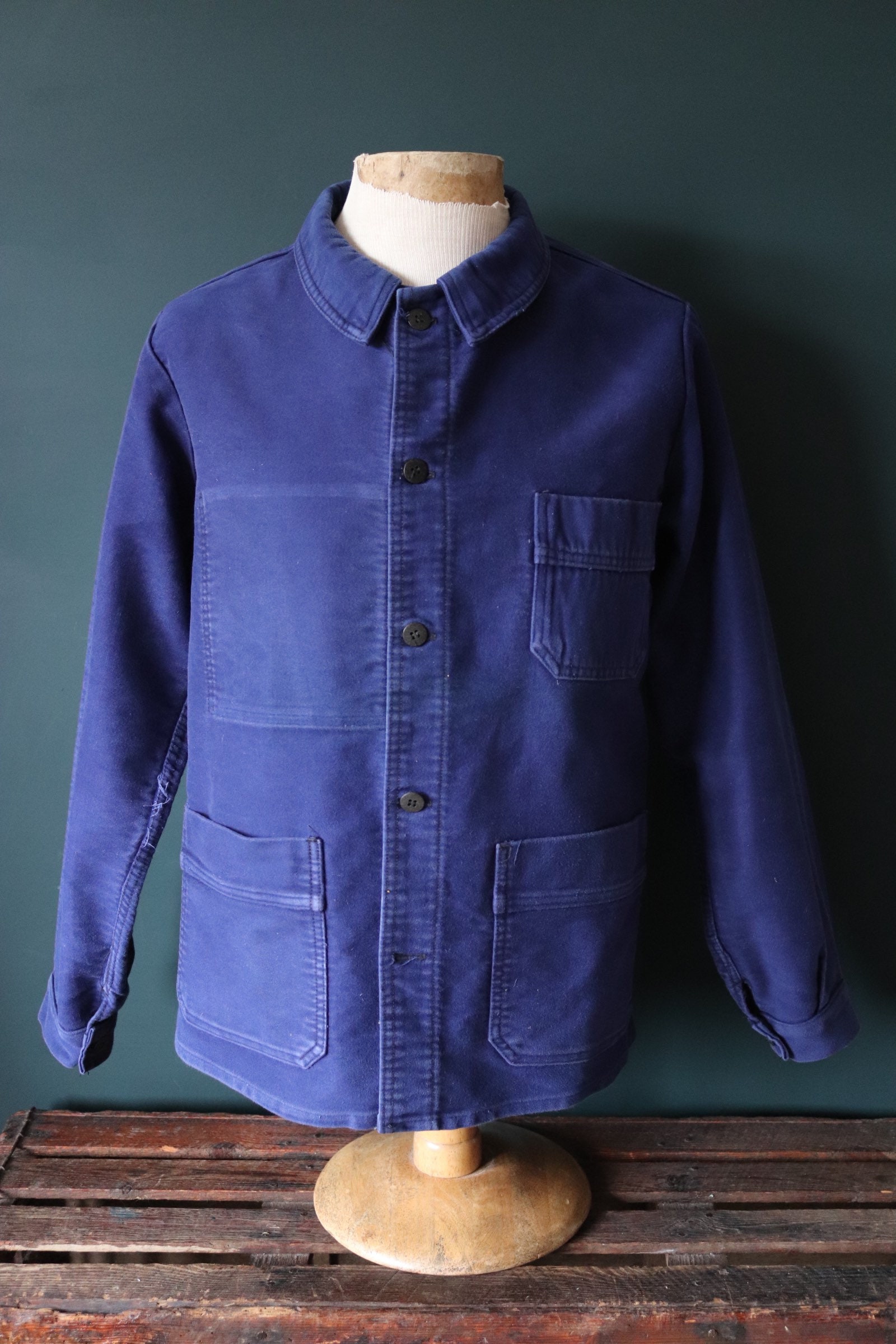 Vintage 1960s 60s French blue moleskin work jacket workwear chore faded ...