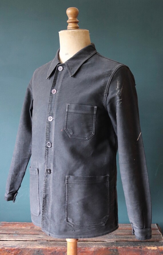 Vintage 1940s 40s 1950s French black moleskin work jacket chore workwear darned repaired 41” chest