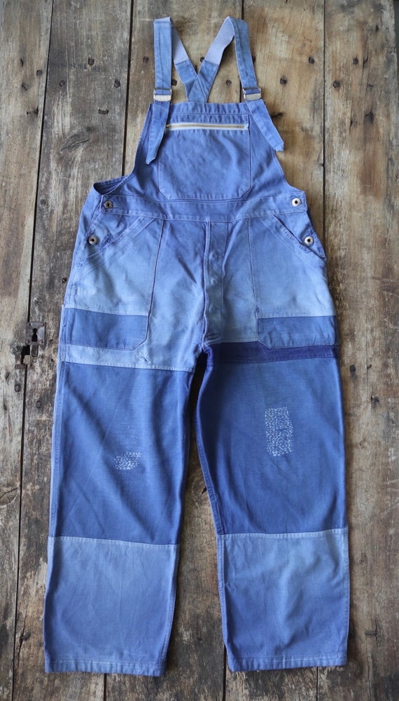 Vintage 1950s 50s French blue cotton twill overalls dungarees work chore workwear 38” x 26” darned hand repaired patched faded