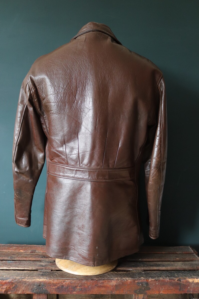 Vintage 1950s 50s Gertz brown horsehide pony hide leather car coat jacket Talon sports 42 chest half belt image 10