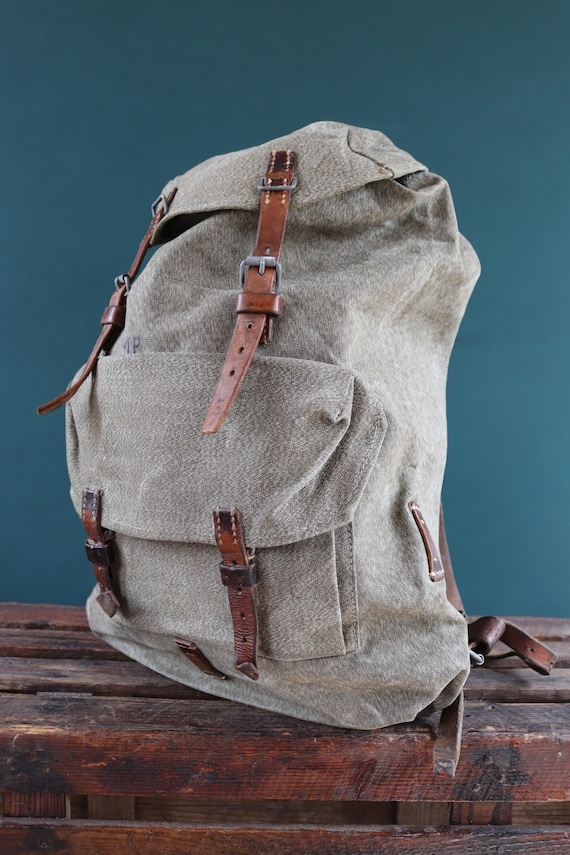 Vintage 1950s 50s Swiss army military salt pepper rucksack backpack leather cotton canvas hiking camping gear