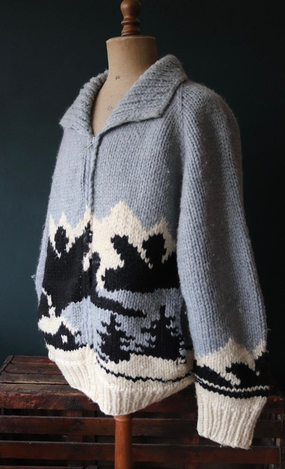 Vintage 1980s Longhouse chunky knitted wool cowichan sweater cardigan jumper hand made knit shawl collar woodland mountain cabin 52” chest