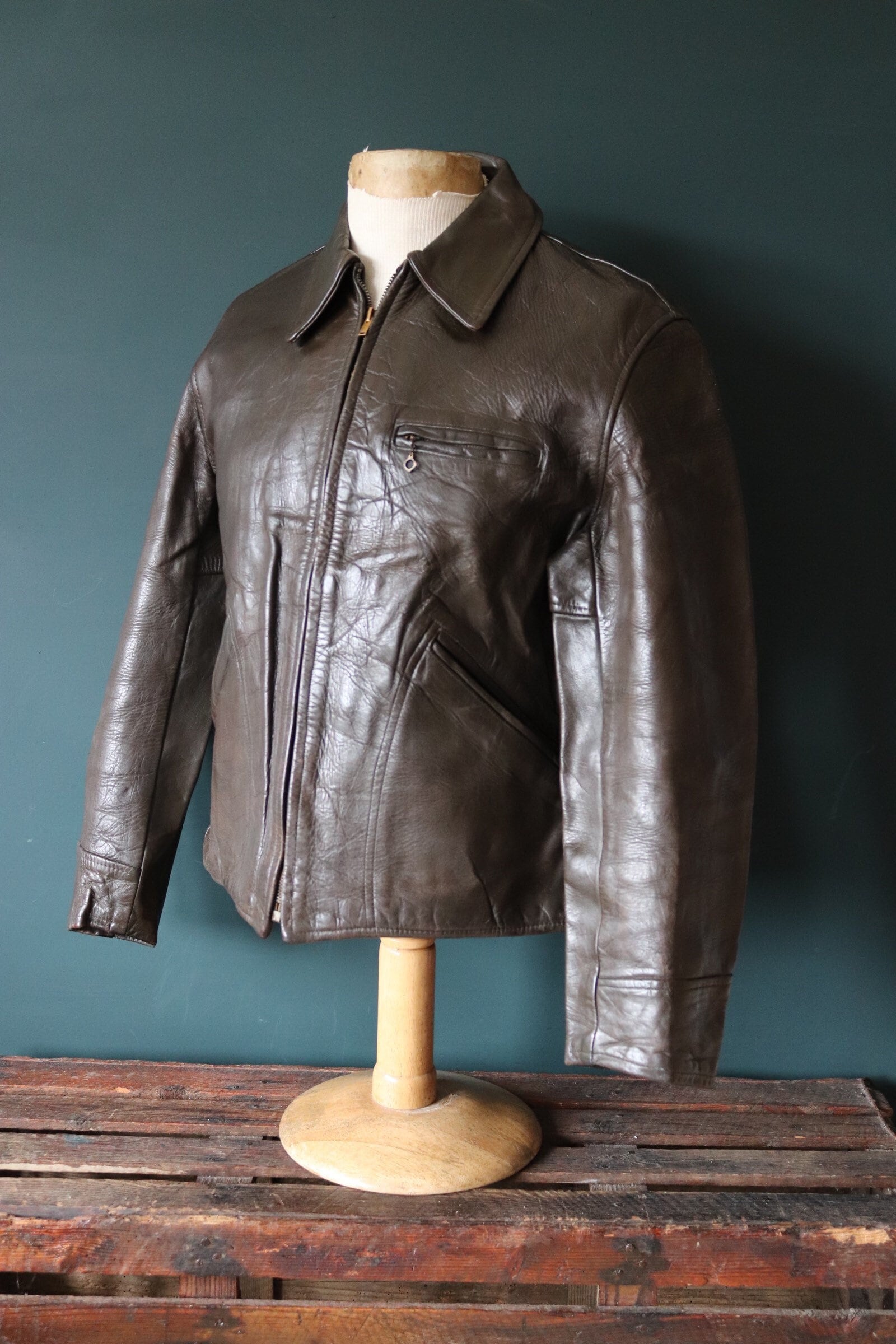 Vintage 1940s 40s brown horsehide leather jacket back half belt 41 ...
