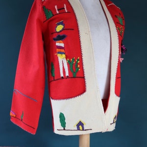 Vintage 1960s 60s red wool felt Mexican souvenir tourist jacket novelty hand embroidered 40 chest zdjęcie 9