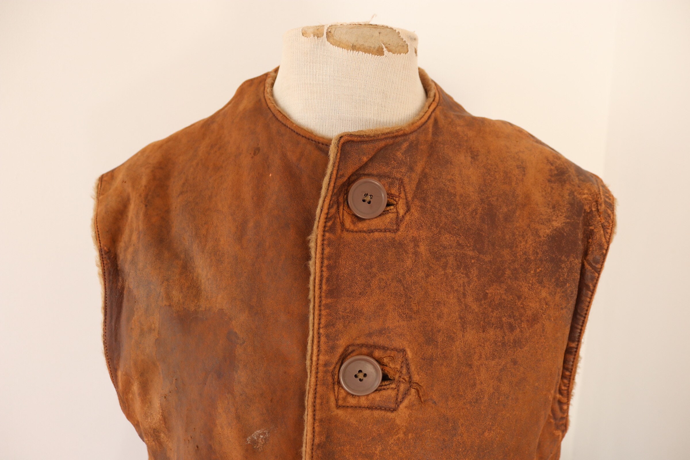 Vintage 1940s 40s brown leather British army battledress jerkin