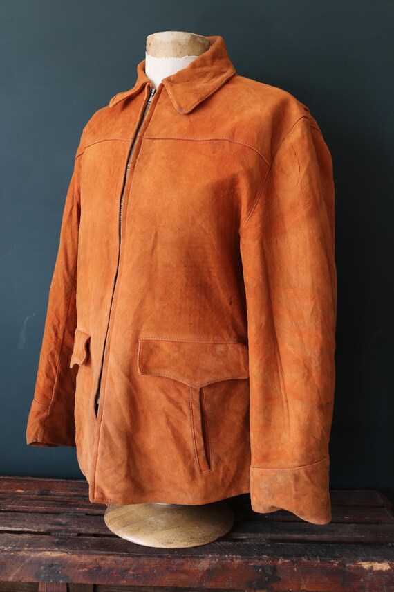 Vintage 1950s 50s 1960s 1960s Golden Bear Rust Orange Buckskin Suede Half Belt Jacket Car Coat Talon Zipper 46\