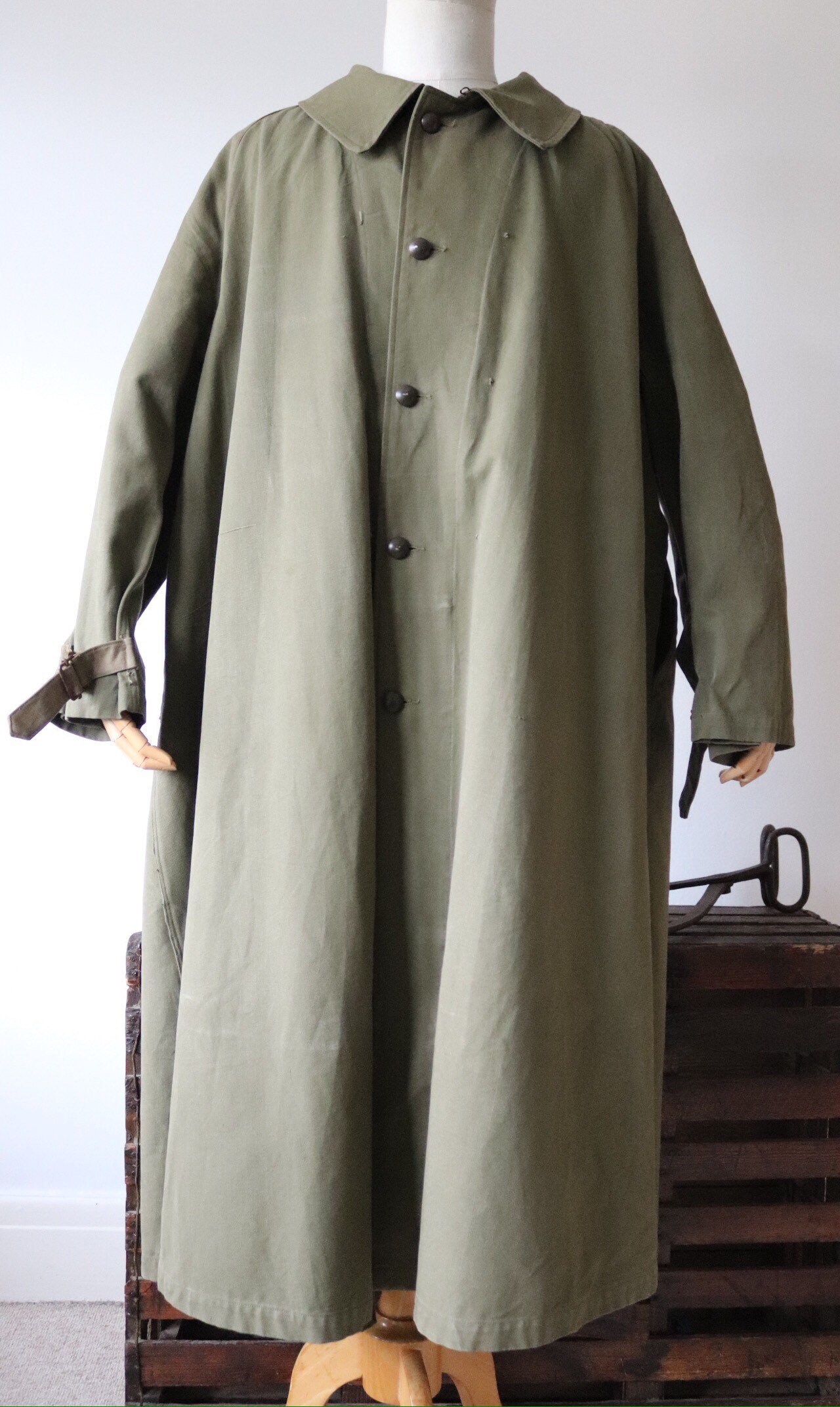 Vintage 1950s 50s french belted green khaki cotton canvas overcoat ...