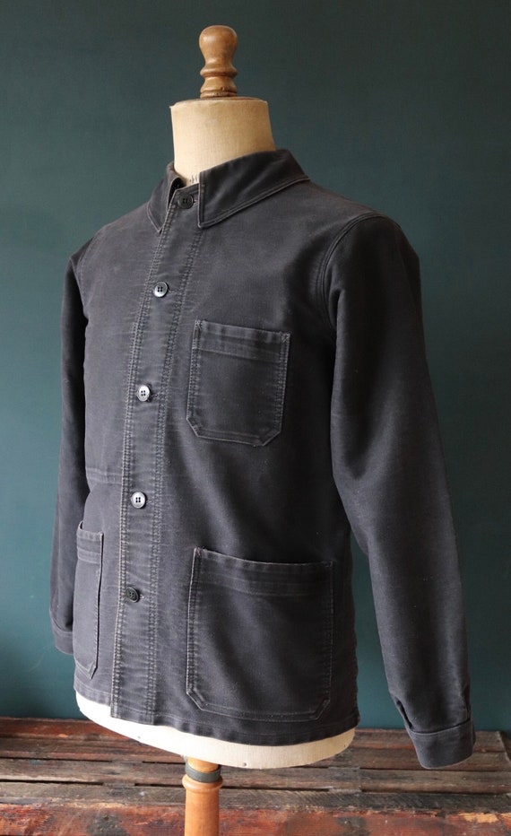 Vintage 1940s 40s 1950s 50s French Black Moleskin Work Jacket