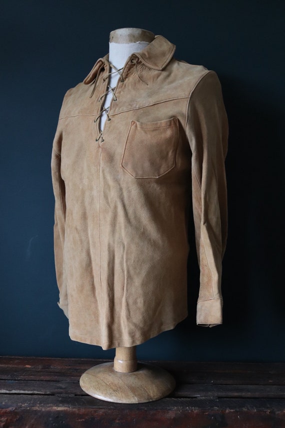 Vintage 1950s 50s 1960s 60s brown buckskin suede lace up shirt western cowboy 40” chest Conmatic Deerskin Trading Post