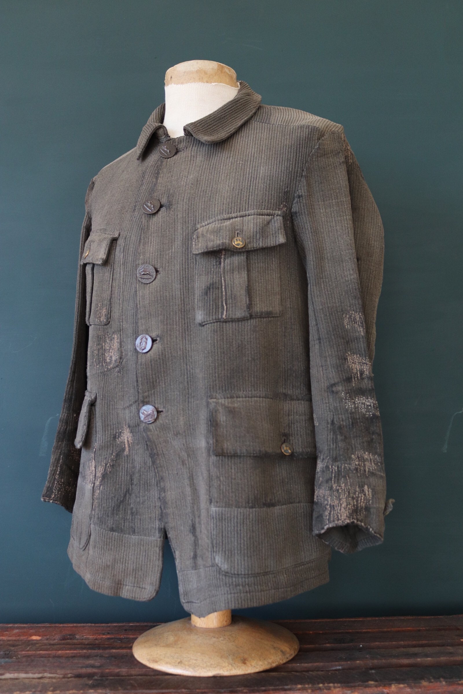 Vintage 1930s 30s french grey pique coutil corduroy hunting jacket