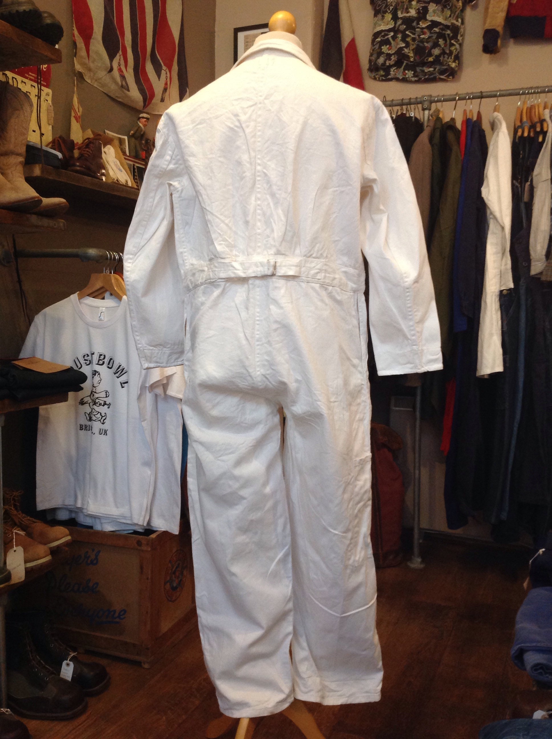 Vintage 1960s 60s deadstock British Pexwear white cotton overalls coveralls cinch back mechanics