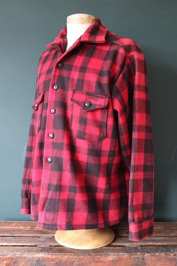 Vintage 1940s 40s 1950s 50s Stagway red black wool buffalo plaid CPO shirt jacket hunting shooting 52” chest XL rockabilly