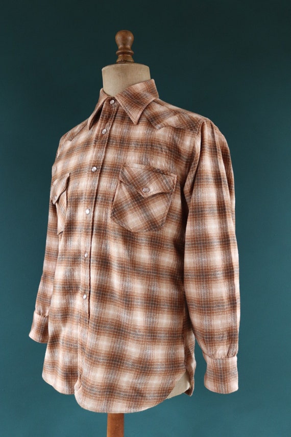 Vintage 1970s 70s Pendleton Western cowboy wool shirt cream brown shadow plaid checked style 44” chest