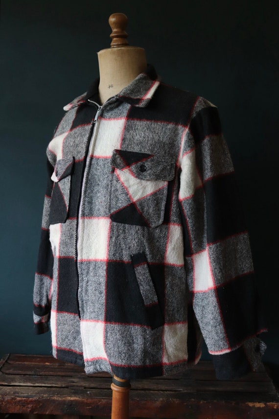 Vintage 1970s 70s Sears black white red plaid checked acrylic jacket 46” chest work workwear chore