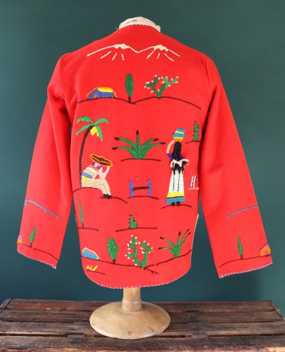 Vintage 1960s 60s red wool felt Mexican souvenir tourist jacket novelty hand embroidered 40” chest