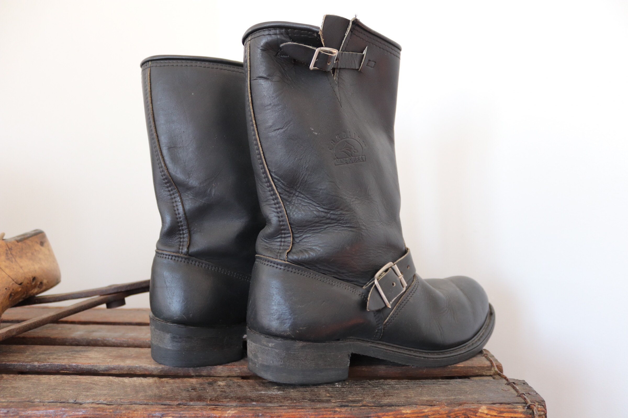 Vintage black leather Carolina engineer boots made in USA biker ...