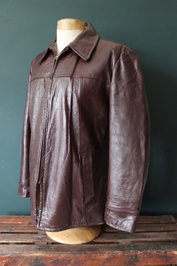 Vintage 1950s 50s burgundy brown horsehide leather car coat jacket Conmar Fosterwear sports 42” chest half belt