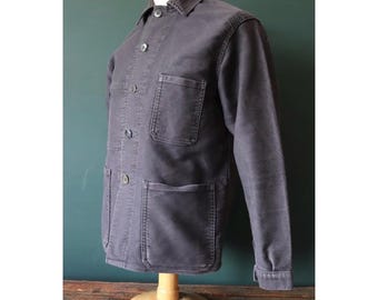 Vintage 1950s French Black Moleskin Jacket - Sun Faded