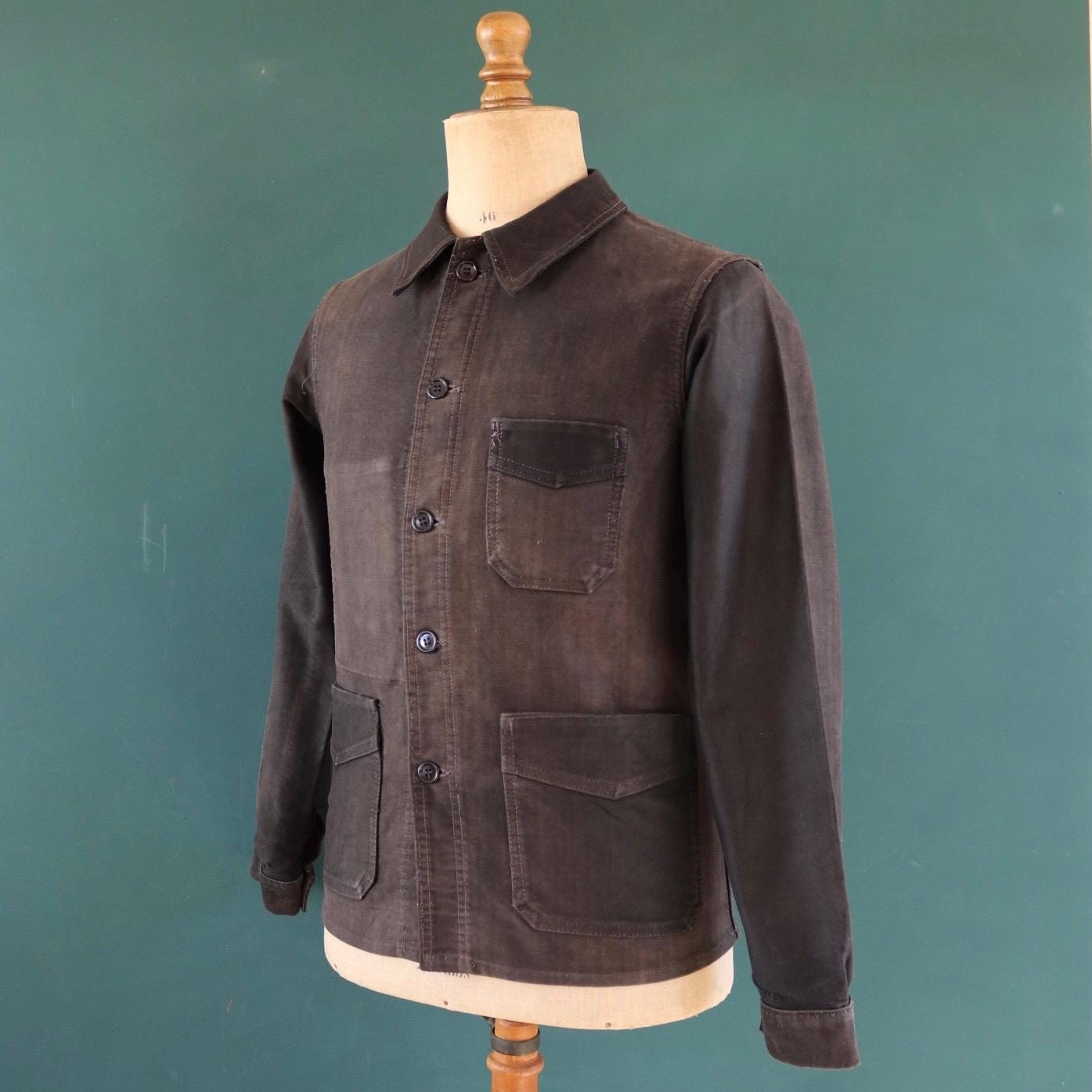 Vintage French Black Moleskin Workwear Jacket - 1950s Chore Coat 