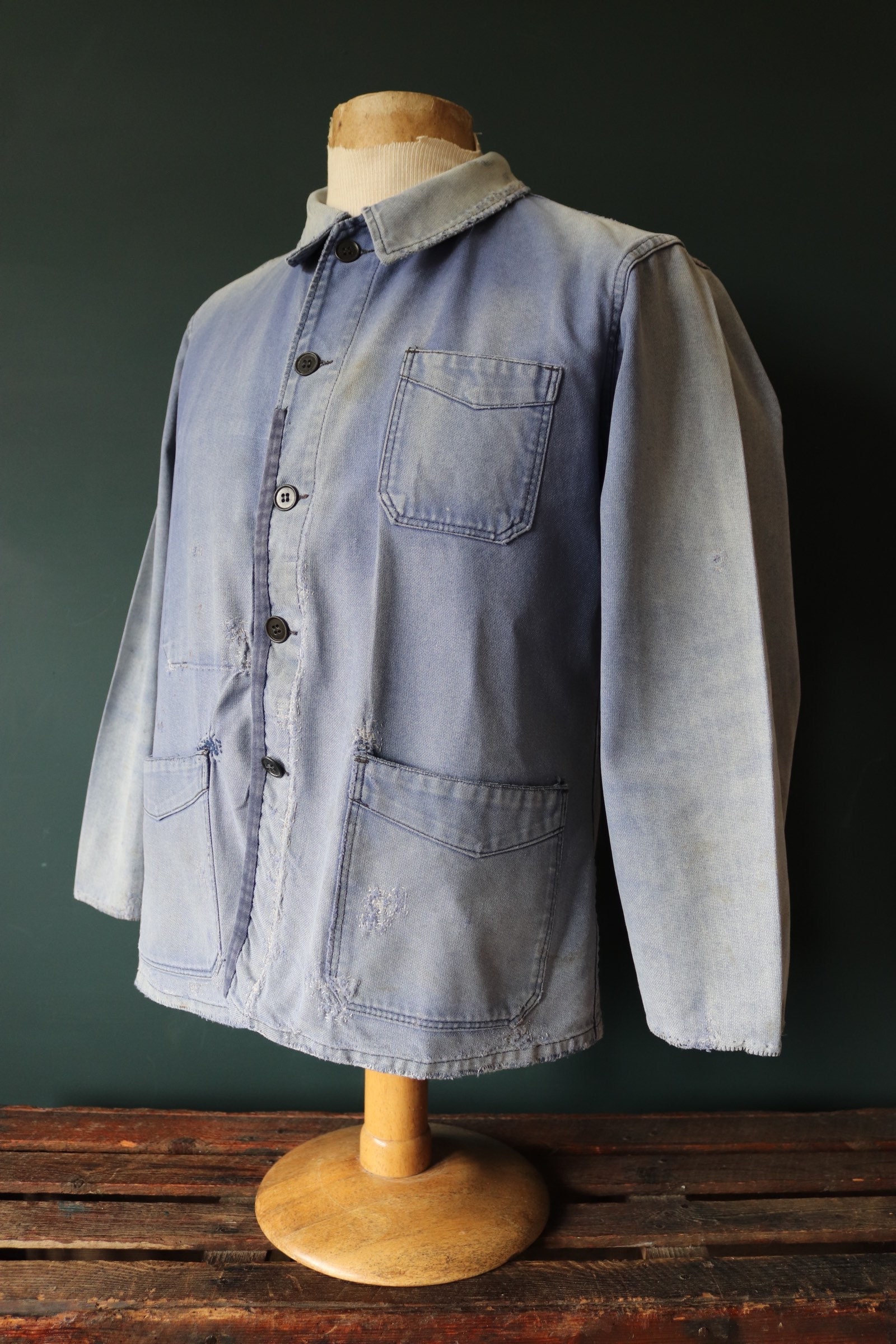 Vintage 1950s 50s French blue work jacket workwear chore faded 43