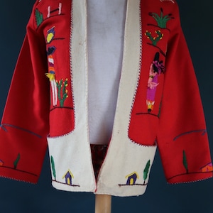 Vintage 1960s 60s red wool felt Mexican souvenir tourist jacket novelty hand embroidered 40 chest zdjęcie 4