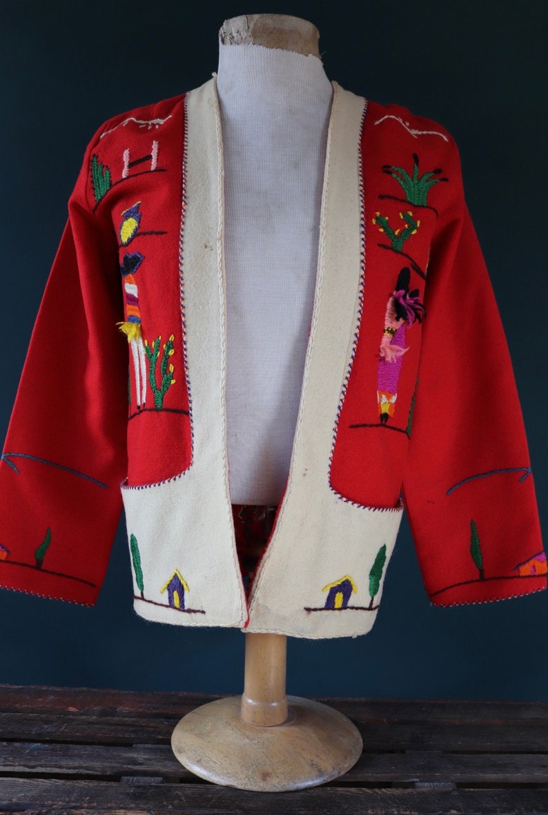 Vintage 1960s 60s red wool felt Mexican souvenir tourist jacket novelty hand embroidered 40 chest zdjęcie 4