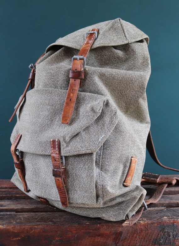 Vintage 1950s 50s Swiss army military salt pepper rucksack backpack leather cotton canvas hiking camping gear