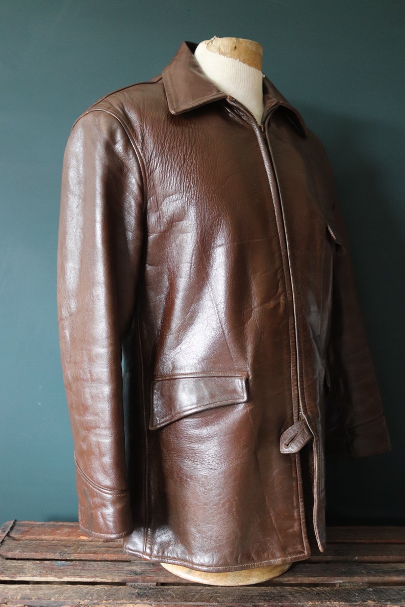 Vintage 1950s 50s Gertz brown horsehide pony hide leather car coat jacket Talon sports 42 chest half belt image 8