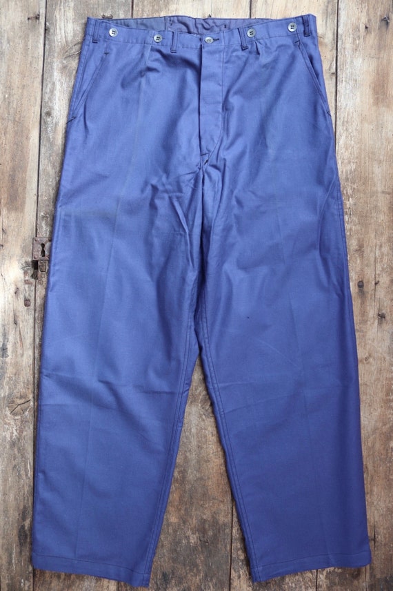 Vintage 1940s 40s WW2 era Swedish military hospital indigo blue cotton twill workwear work chore trousers pants 38” x 32” buckle cinch back