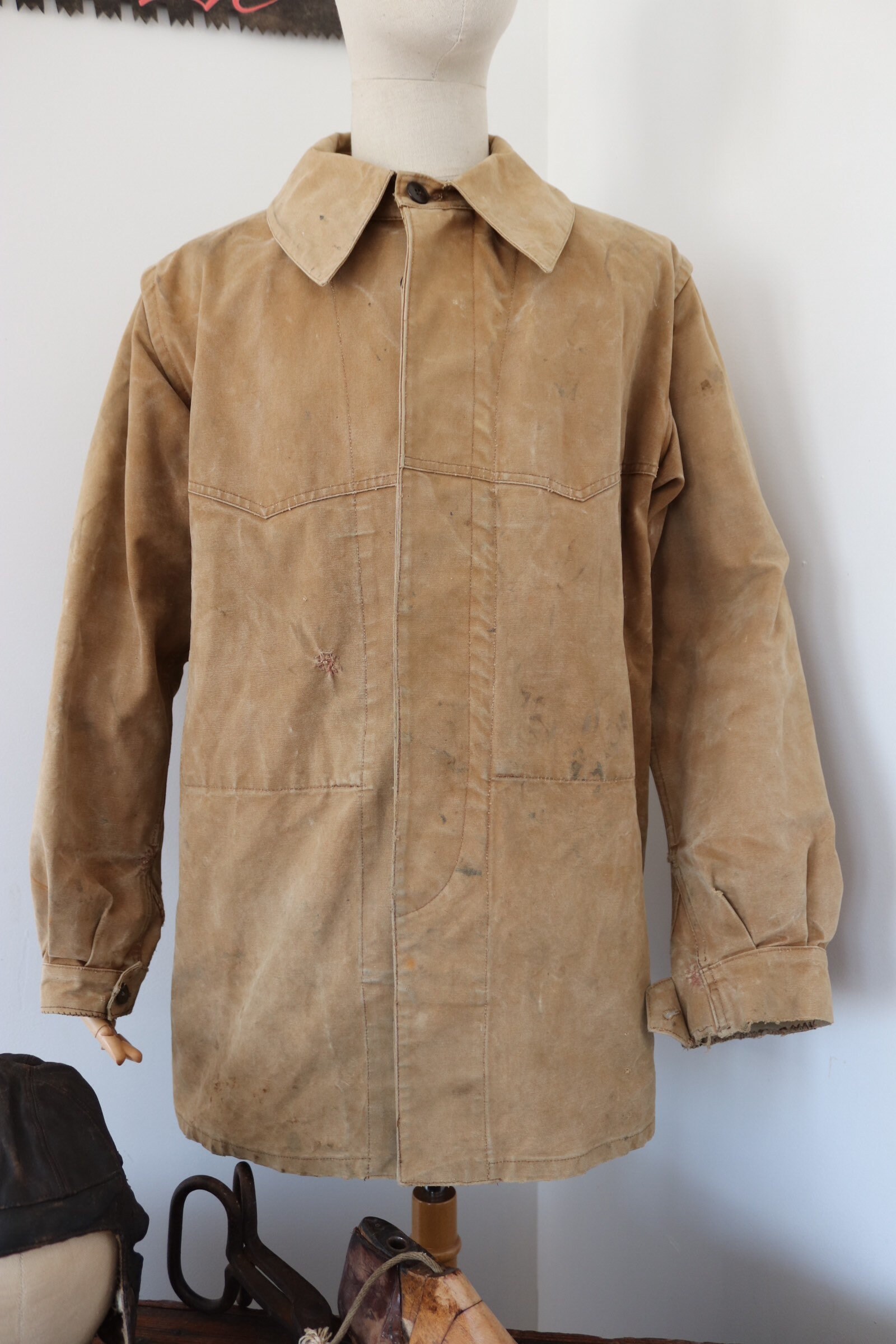 Vintage 1950s 50s french tan brown canvas hunting jacket workwear chore ...
