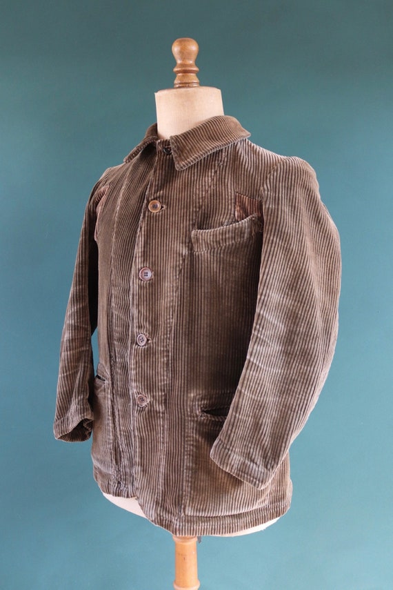 Vintage 1910s 10s 1920s 20s French brown velours corduroy work sack jacket 38” chest workwear chore darned repaired