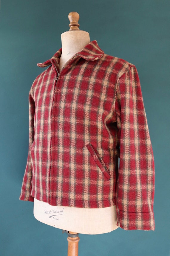 Vintage 1940s 40s style red brown Woolrich wool buffalo plaid checked jacket 43” chest work workwear chore car coat half belt