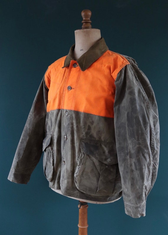 Vintage CC Filson waxed cotton field utility high vis jacket 53” chest workwear work chore hunting moleskin