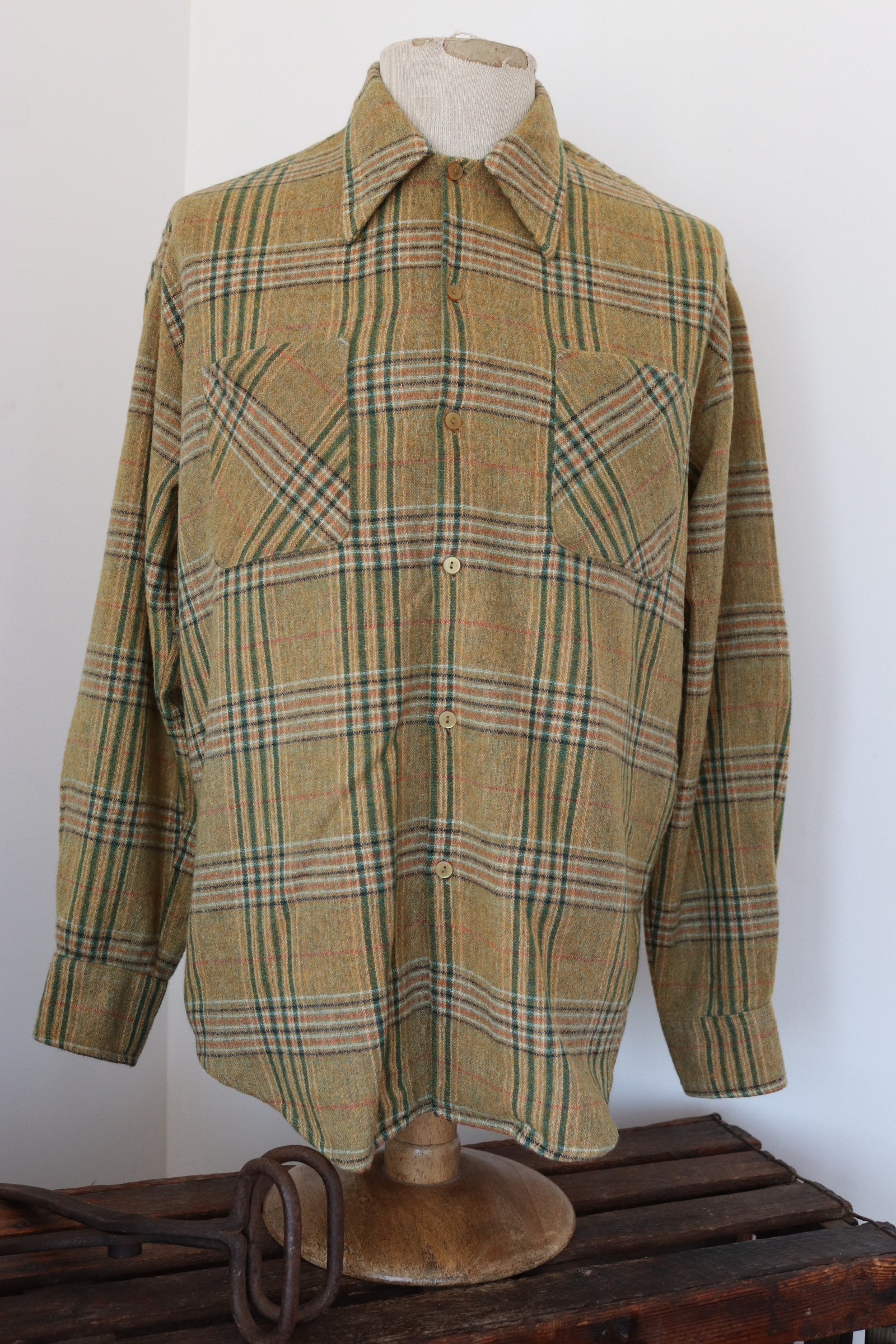 Vintage yellow green 1960s 60s Campus wool checked plaid shirt Ivy ...