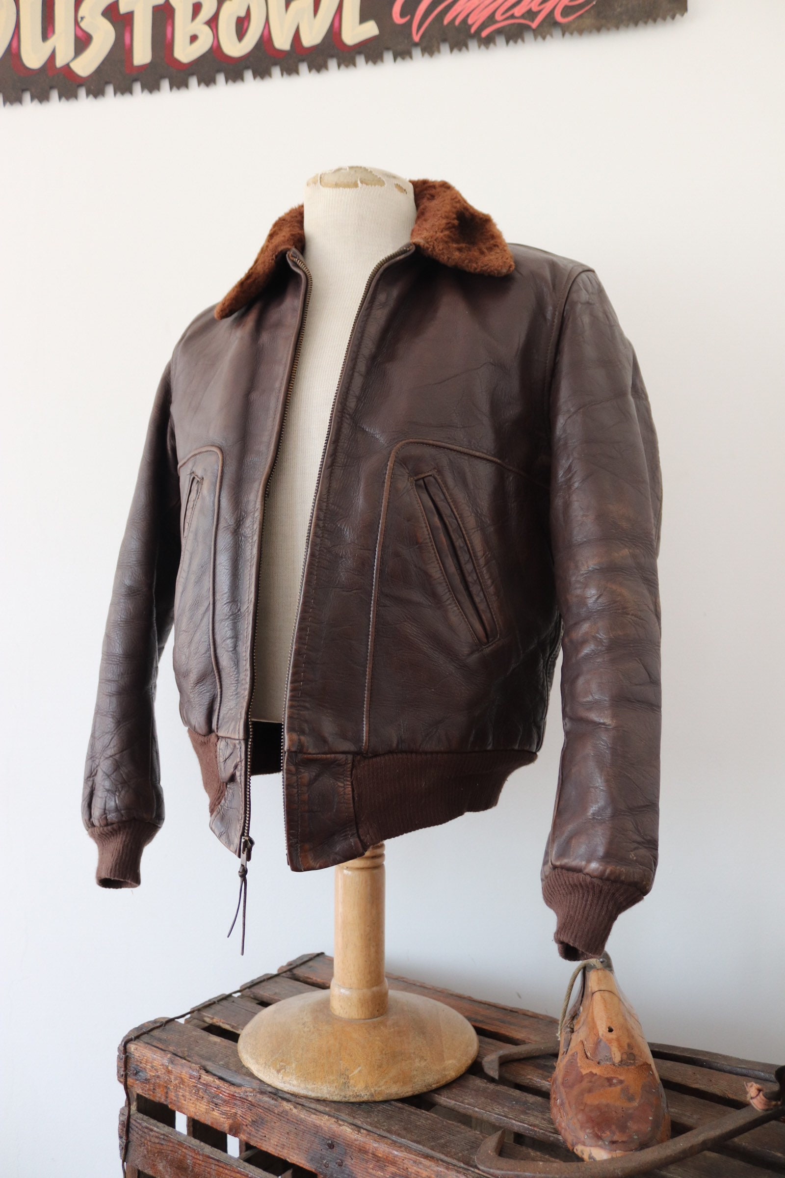 Vintage 1950s 50s brown horsehide leather jacket G1 style Talon zipper shearling sheepskin Vintage 1950s 50s brown horsehide leather jacket G1 style Talon zipper shearling sheepskin